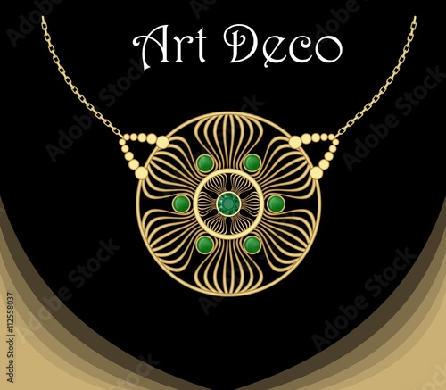 Gold necklace star shape with green emeralds on fine golden chain, elegant vintage jewel in art deco style