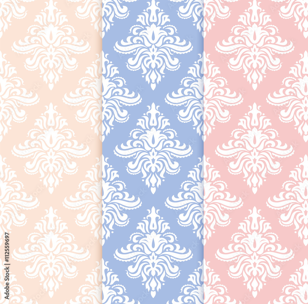 Vector set of classical delicate seamless patterns in pastel pantone colors: rose quartz, serenity and yellow. Background for greeting cards and wedding invitations. Vector set of classical delicate seamless patterns in pastel pantone colors: rose quartz, serenity and yellow. Background for greeting cards and wedding invitations.