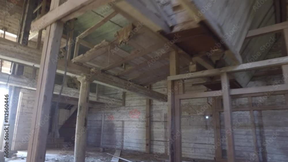 Old abandoned church or mill building. Steadicam shot. Smooth motion. Wooden building interior. Old abandoned church or mill building. Steadicam shot. Smooth motion. Wooden building interior.