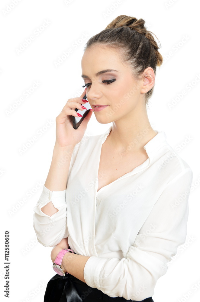 Smiling office lady with phone Smiling office lady with phone
