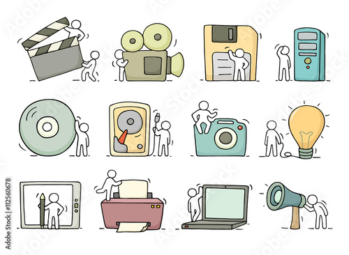 Electronic icons set of doodle working little people 