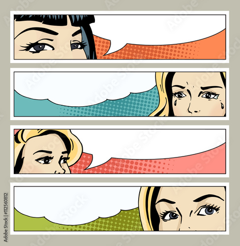 Pop art banner with female eyes and blank space for text. Cartoon beautiful woman eyes with speech bubbles.Vintage advertising poster. Comic hand drawn vector illustration.