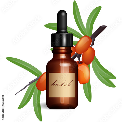 Realistic essential oil bottle and seabuckthorn branch with ripe berries