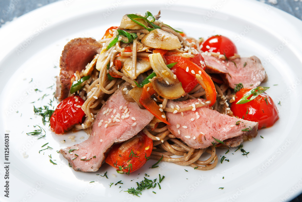 Asian food. Fried thai rice noodles with veal meat Asian food. Fried thai rice noodles with veal meat
