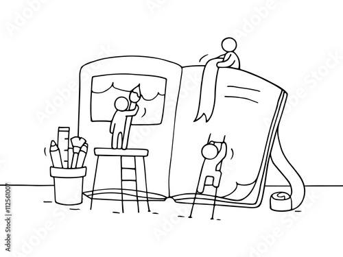 Sketch of working little people with book. Doodle cute miniature teamwork about book creation. Hand drawn cartoon vector illustration.