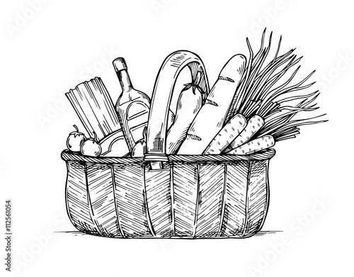 Hand drawn vector illustration - Supermarket shopping basket with vegetables, bread, fruits. Grocery store. Local shop