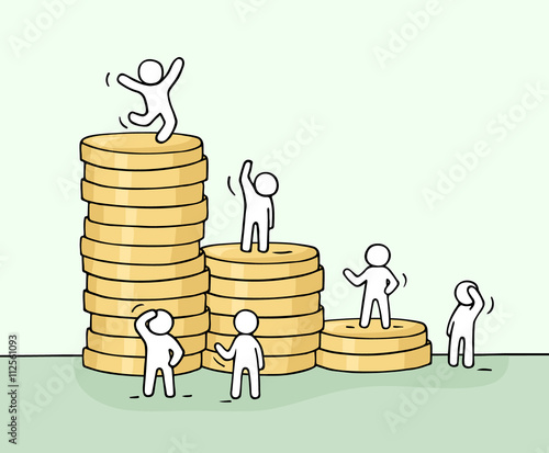 Sketch of working little people with stack of coins. Doodle cute miniature scene of workers. Hand drawn cartoon vector illustration for business design and finance.