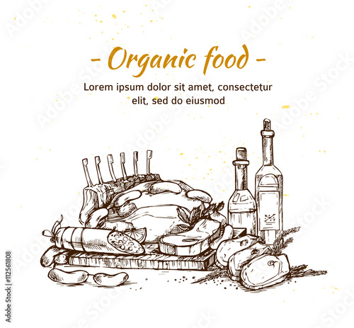 Hand drawn vector illustration - Farm meat with herbs and spice.