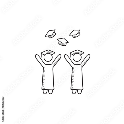 Graduates throwing caps sketch icon.
