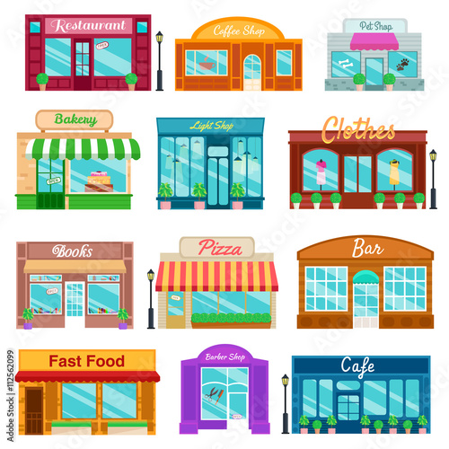 Shops and stores front icons set flat style. Vector illustration
