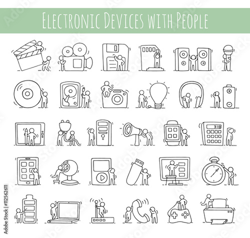 Electronic icons set of sketch working little people with comput