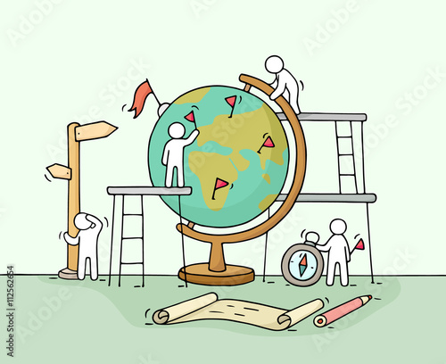 Sketch of working little people with globe. Doodle cute miniature scene of workers. Hand drawn cartoon vector illustration for business and education design.