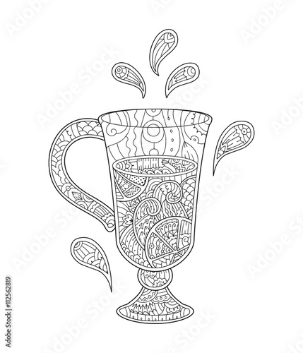 Refreshing drink in zentangle style. Glass of smoothie  lemonade  juice  cocktail  etc. Vector black and white illustration. Zen doodle.