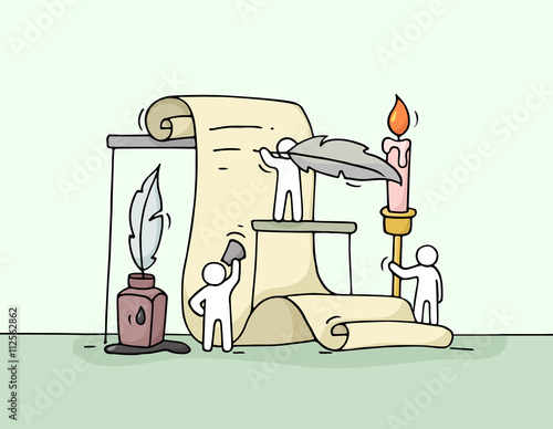 Sketch of working little people with document.