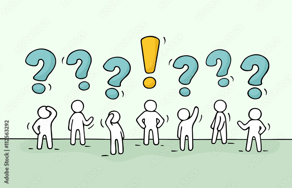 Sketch - crowd of working little people with question sings and exclamation point. Doodle cute miniature teamwork find right decision. Hand drawn cartoon vector illustration for business design. Sketch - crowd of working little people with question sings and exclamation point. Doodle cute miniature teamwork find right decision. Hand drawn cartoon vector illustration for business design.