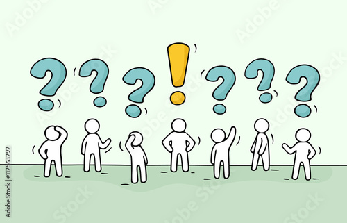 Sketch - crowd of working little people with question sings and exclamation point. Doodle cute miniature teamwork find right decision. Hand drawn cartoon vector illustration for business design.