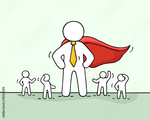Sketch of working little people and big superhero.