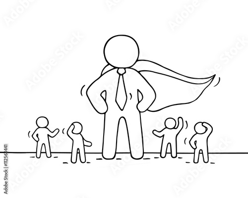 Sketch of working little people and big superhero.