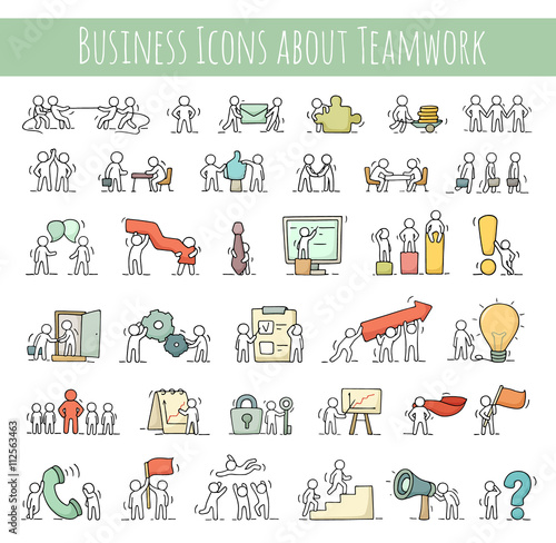 Business icons set of sketch working little people