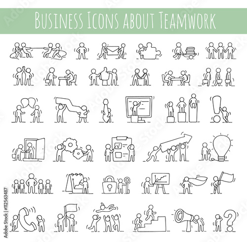 Business icons set of sketch working little people