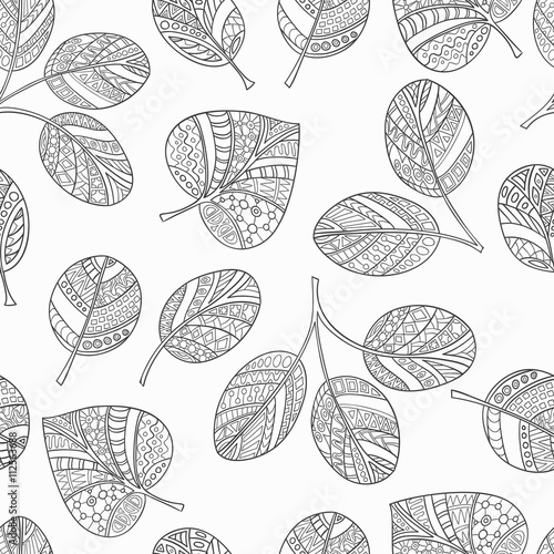 Seamless pattern of decorative, abstract hand-drawn leaves. Style zentangle. Monochrome range.
