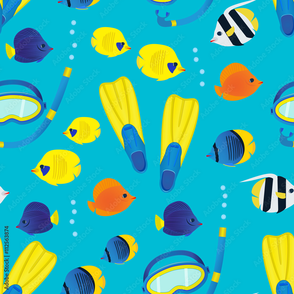 Underwater seamless pattern on blue background. Coral reef colorful fish and diving equipment.