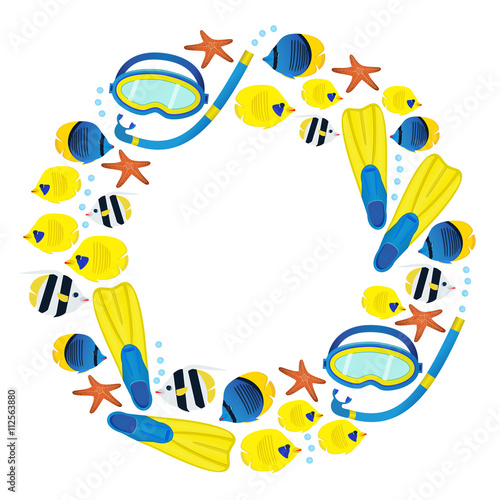 Underwater seamless pattern on blue background. Coral reef colorful fish and diving equipment.