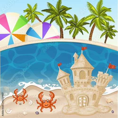 Illustration of crab and sand castle on the beach.