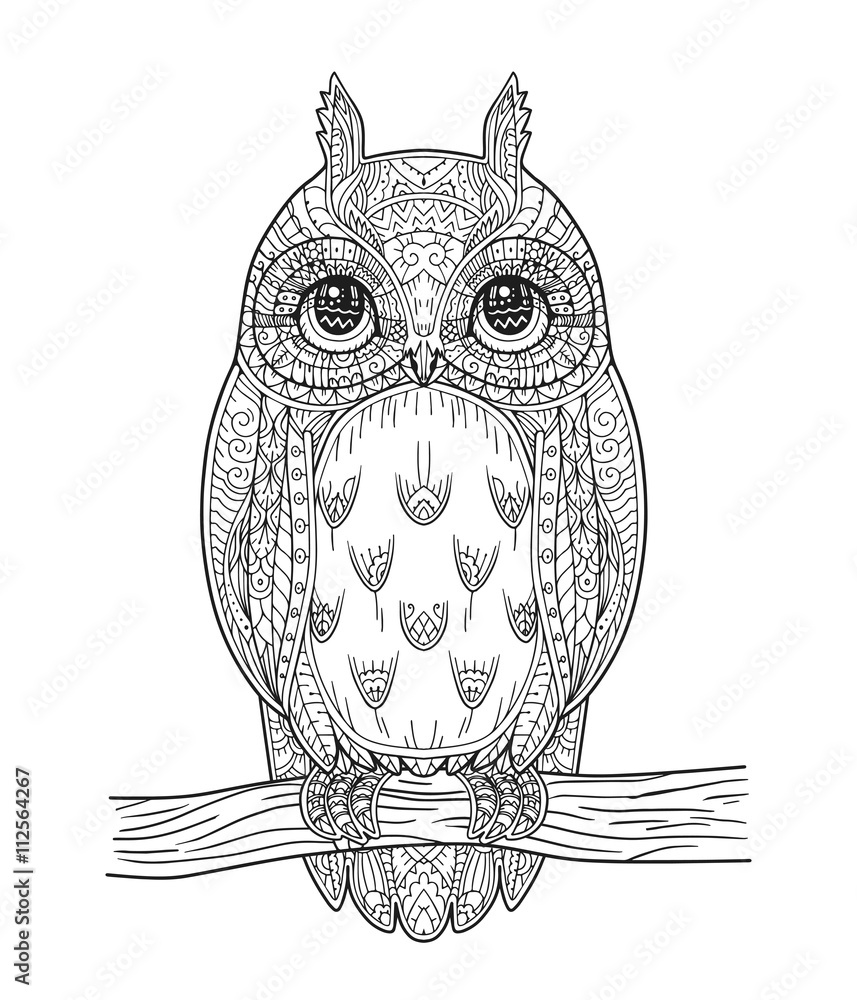 Obraz premium Hand drawn vector owl zentangle style. Black and white illustration. Zen art. Antistress coloring book page for adults.