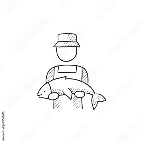 Fisherman with big fish sketch icon.