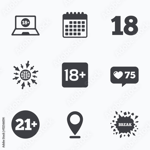 Adult content icons. Eighteen plus years sign.