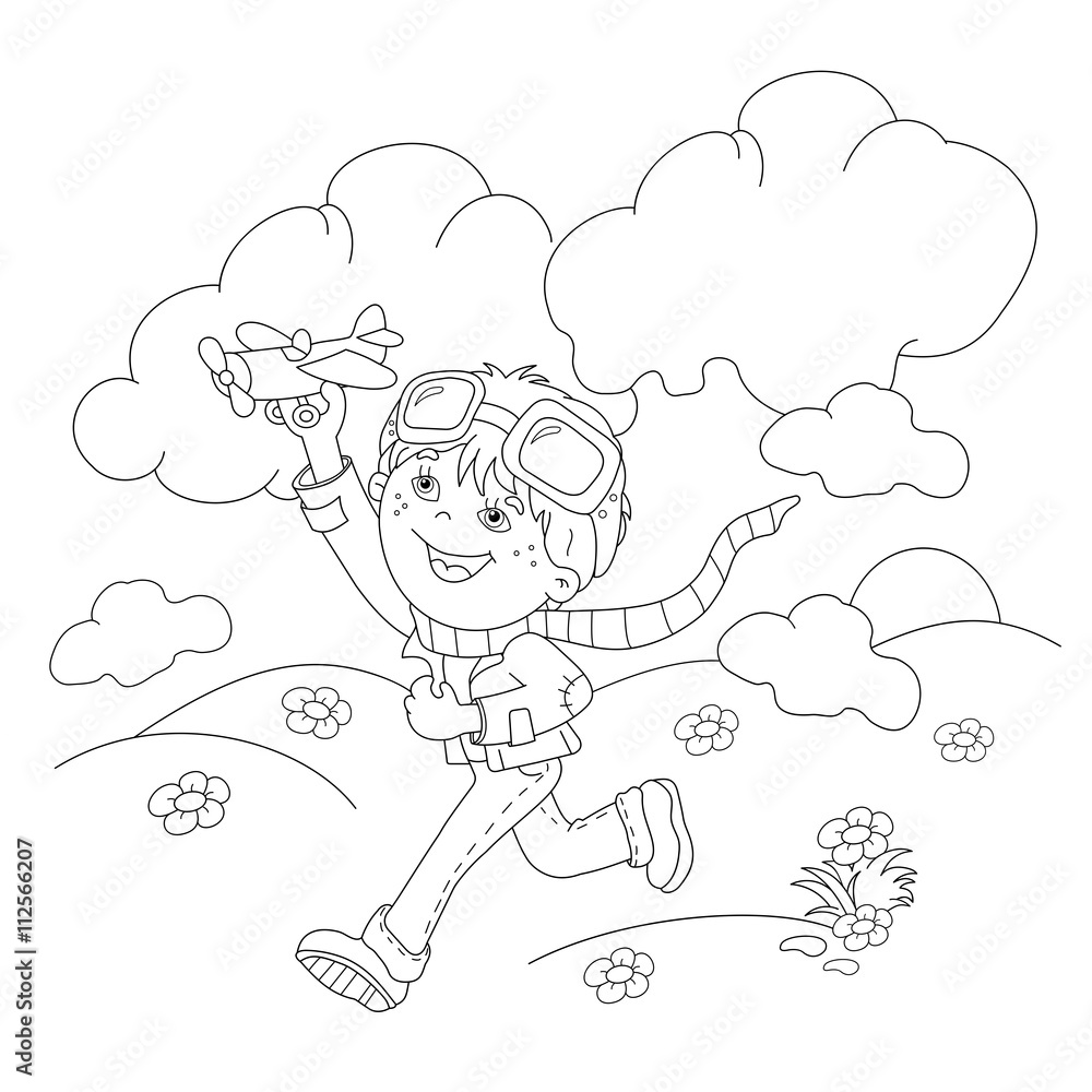Fototapeta Kolorowanki Strona konspektu z kreskówki chłopca z samolotu zabawka