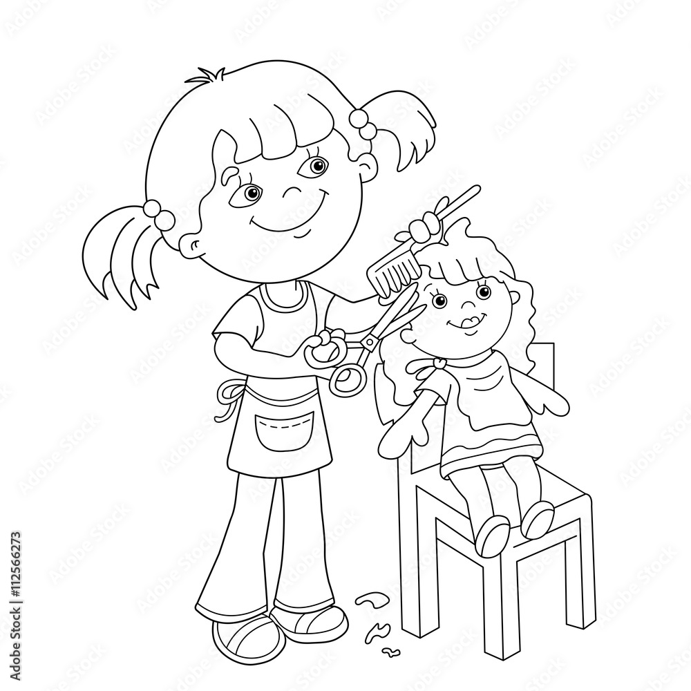 Coloring Page Outline Of girl with playing in the Barber shop Coloring Page Outline Of girl with playing in the Barber shop