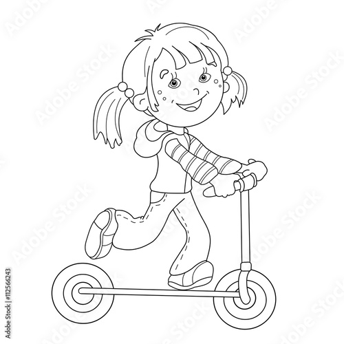 Coloring Page Outline Of cartoon girl on the scooter