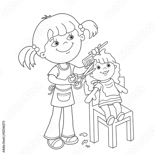 Coloring Page Outline Of girl with playing in the Barber shop