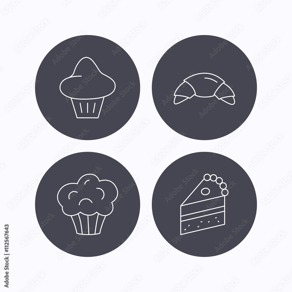 Croissant, brioche and piece of cake icons. Croissant, brioche and piece of cake icons.