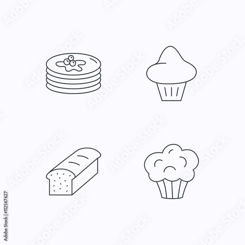 Pancakes, brioche muffin and toast bread icons.