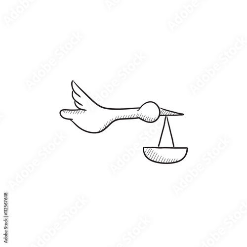 Baby basket with stork sketch icon.
