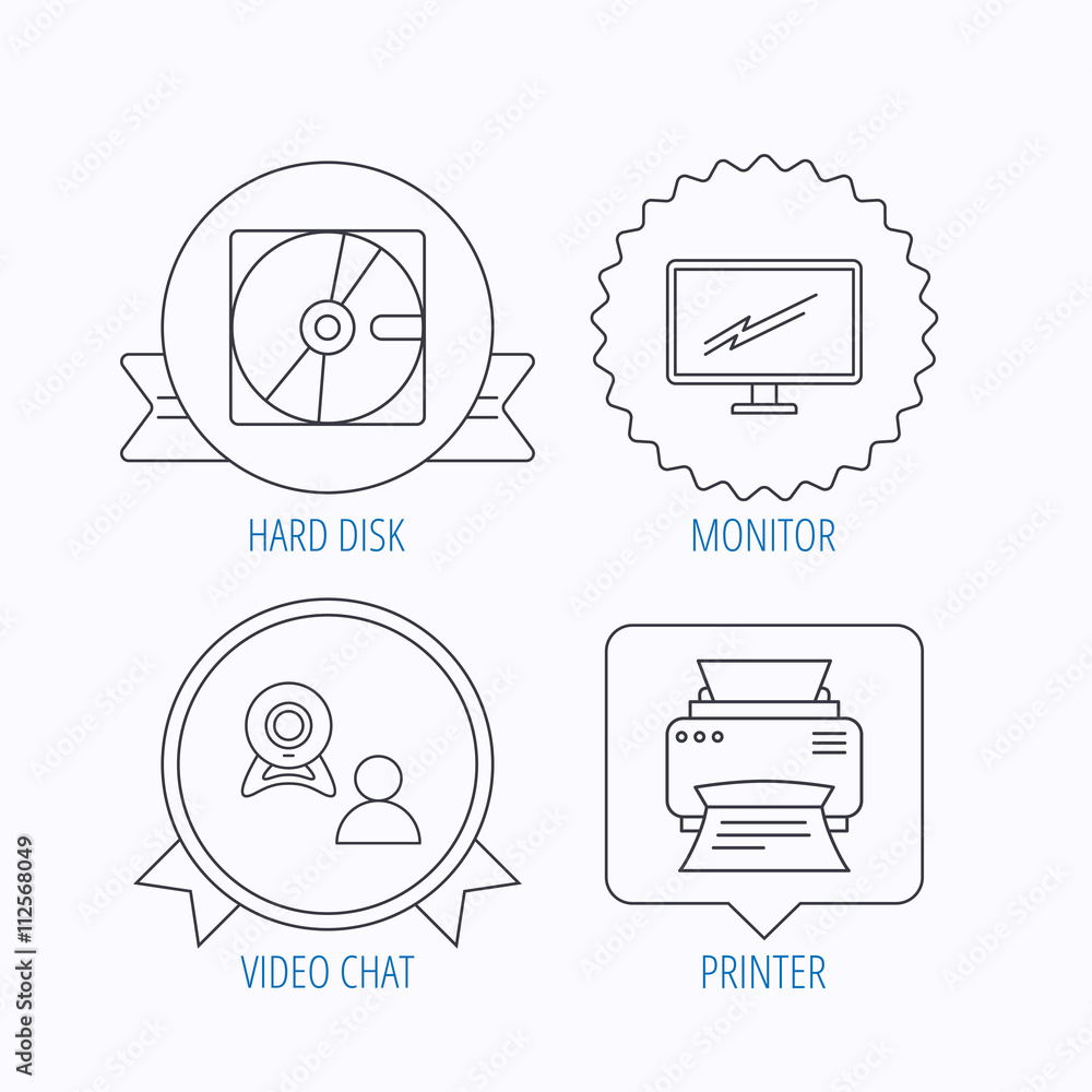 Monitor, printer and video chat icons. Monitor, printer and video chat icons.