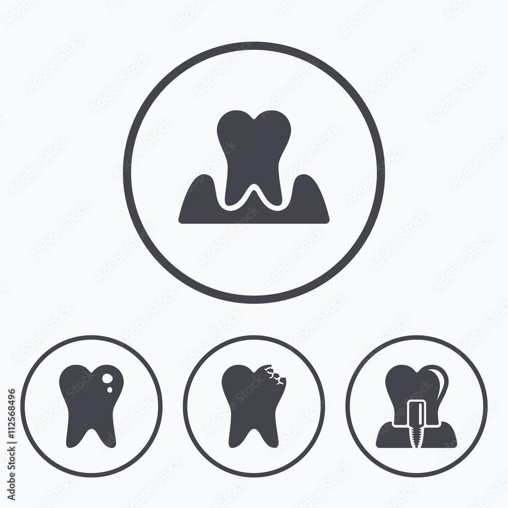 Dental care icons. Caries tooth and implant. Dental care icons. Caries tooth and implant.