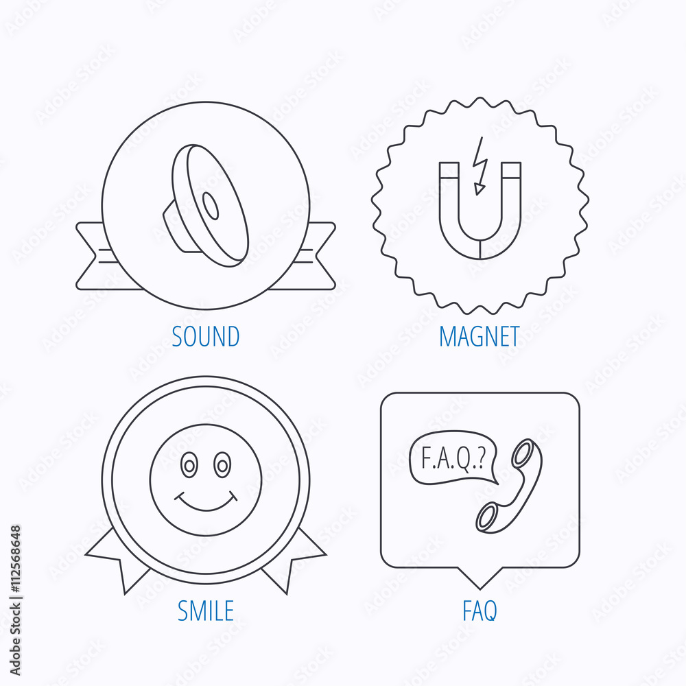 Magnet, smiling face and faq speech bubble icons.