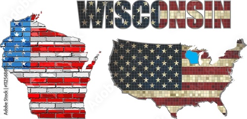 USA state of Wisconsin on a brick wall - Illustration,
The flag of the state of Wisconsin on brick textured background, 
Font with the United States flag, 
Wisconsin map on a brick wall