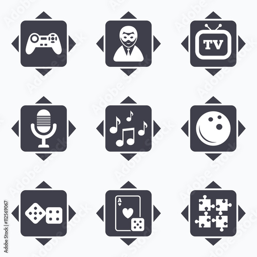 Entertainment icons. Game, bowling and puzzle.
