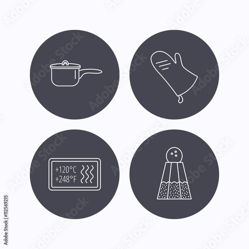 Saucepan, potholder and salt icons.