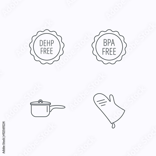Saucepan, potholder and BPA free icons.