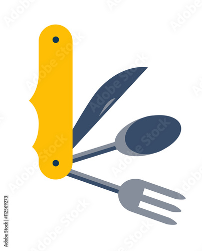 Camping jackknife icon.Multi tool steel. Jackknife,spoon and fork for travel.Multi tool steel pocket vector.Compact jackknife camping travel.Jackknife illustration isolated white background,flat style
