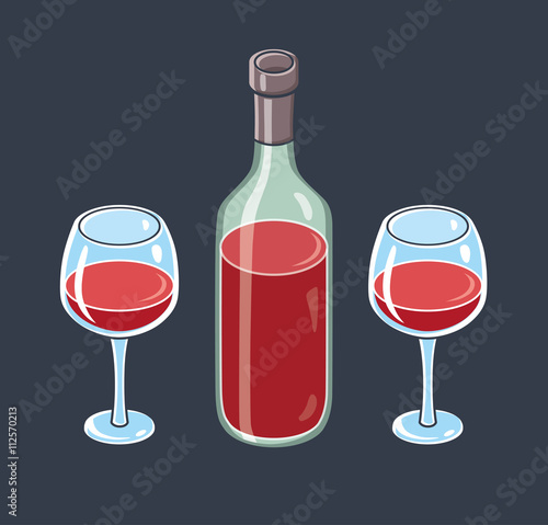 Red wine bottle and two wine glasses on a dark background.