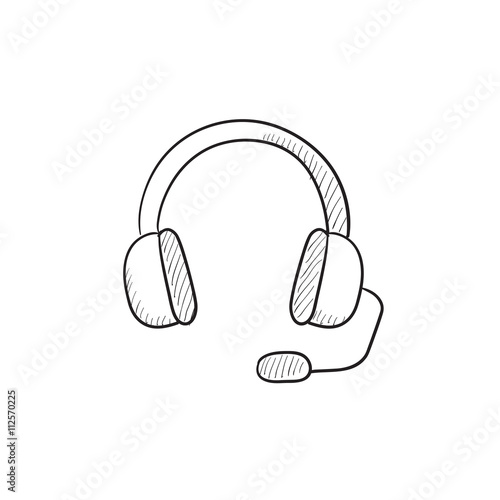 Headphone with microphone sketch icon.