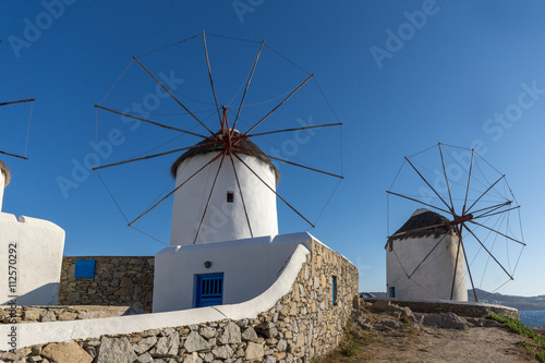White windmills on the island of Mykonos, Cyclades, Greece