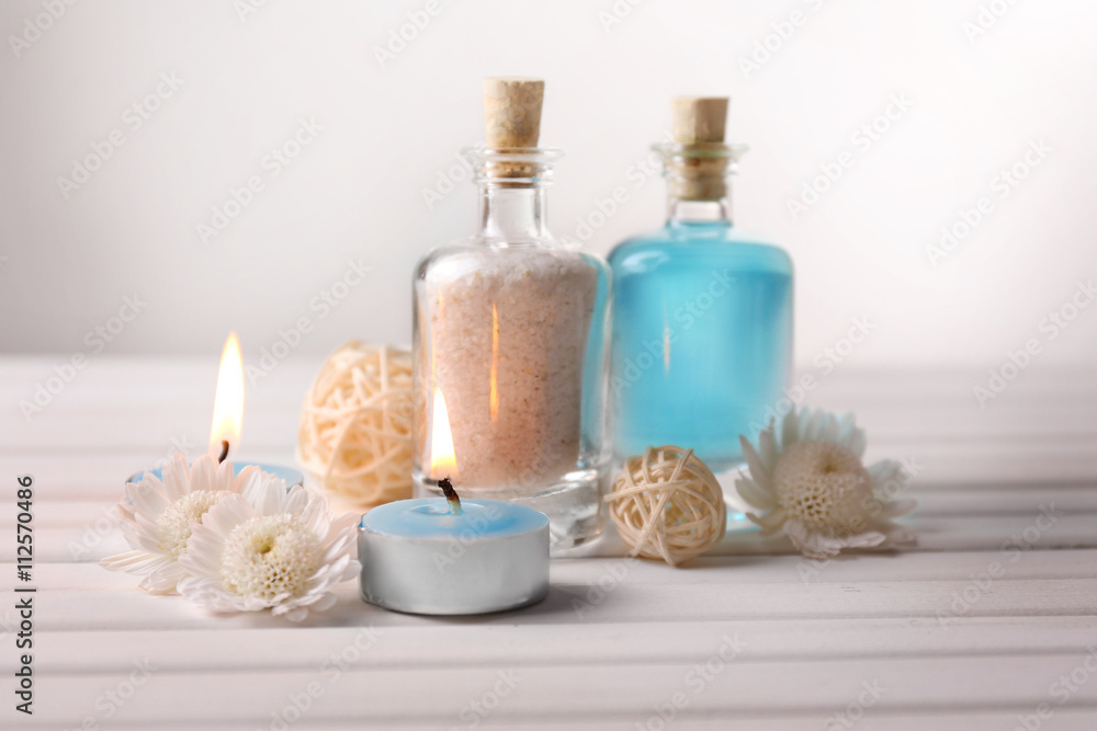 Spa setting on wooden table Spa setting on wooden table